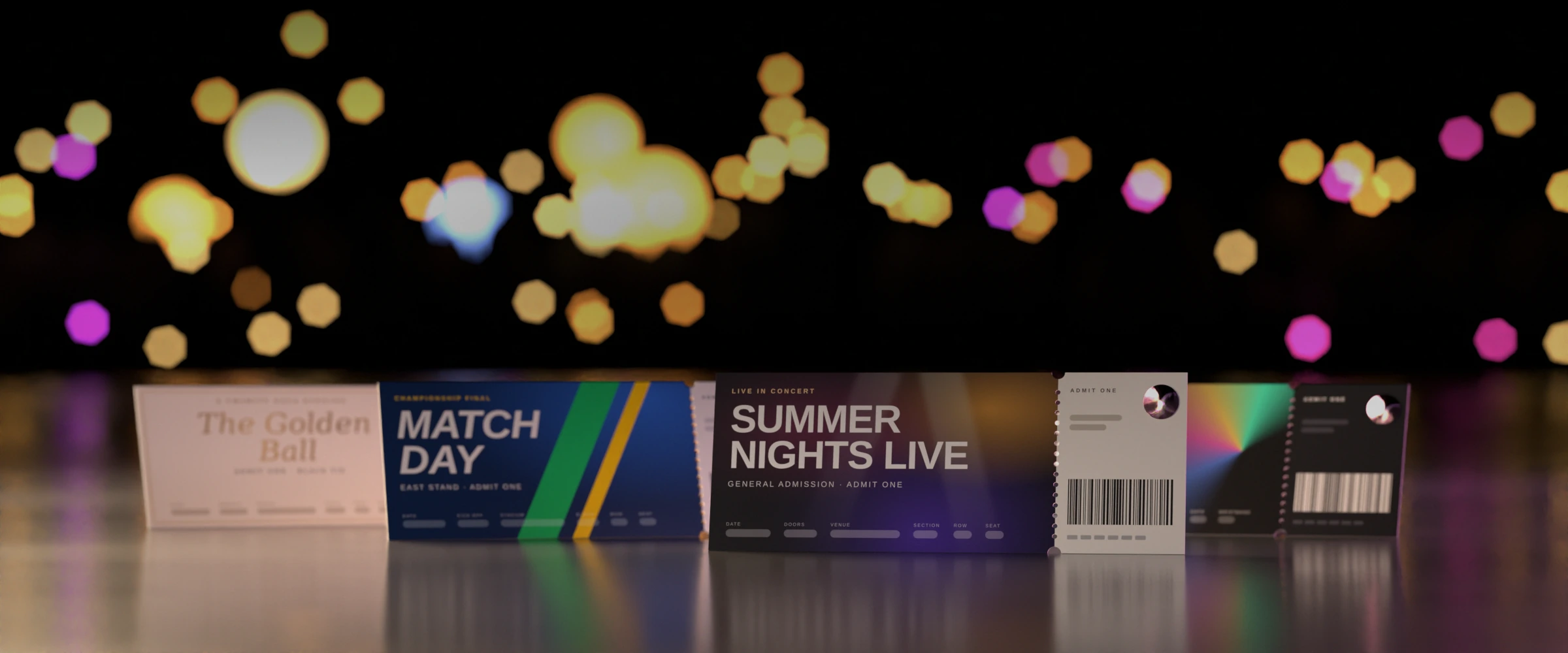 Printed event tickets with barcodes, perforated stubs and holographic seals